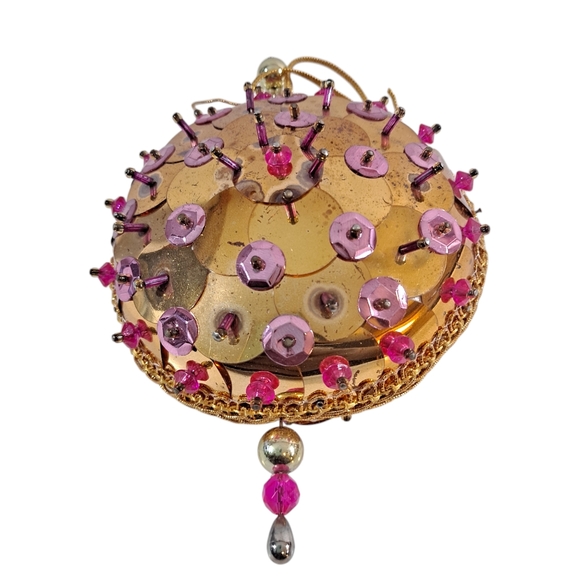 Vintage Beaded Push Pin Christmas Ornament Gold Pink Sequins Retro MCM - Picture 3 of 9